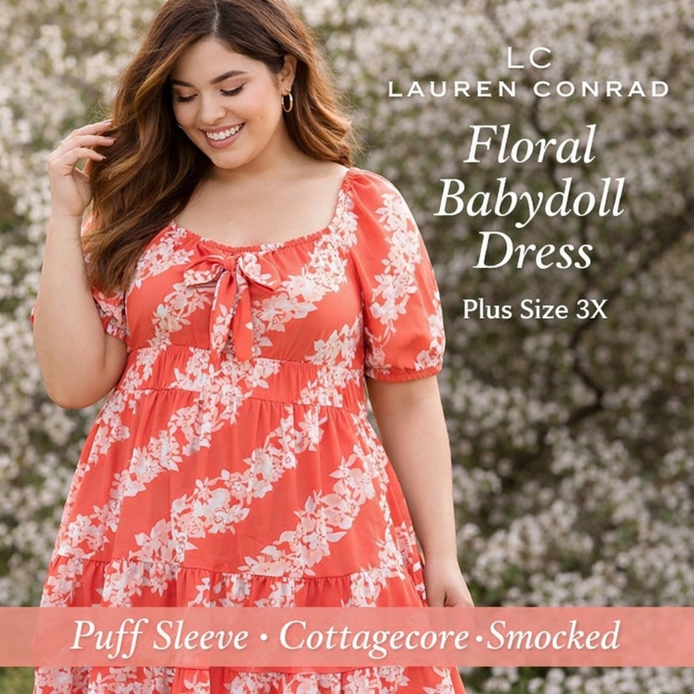LC Lauren Conrad Womens 3X Floral Babydoll Mini Dress Pink White CottageCore NWT